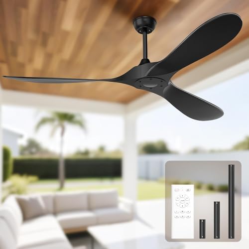 60 Inch Ceiling Fan Without Lights, Black | Outdoor Ceiling Fan with Remote, 6-Speed Adjustable Reversible DC