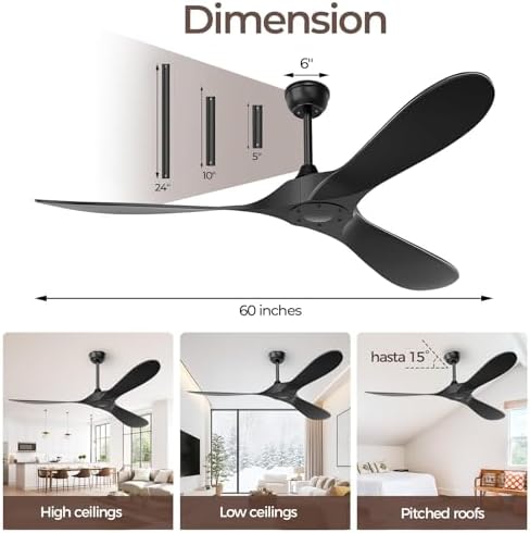 60 Inch Ceiling Fan Without Lights, Black | Outdoor Ceiling Fan with Remote, 6-Speed Adjustable Reversible DC, alternate view