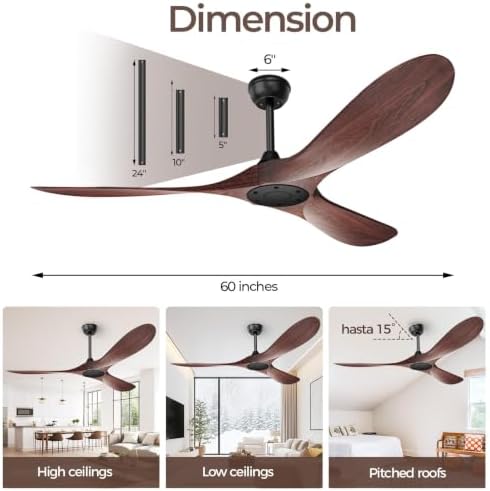 60 Inch Ceiling Fan Without Lights, Walnut Finish | Outdoor Ceiling Fan with Remote, 6-Speed Adjustable, alternate view 2