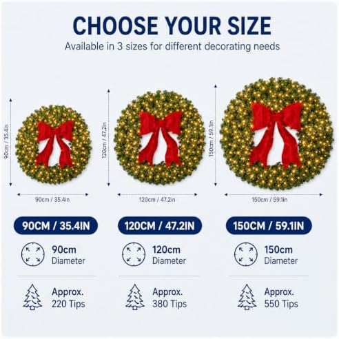 60 Inch Large Lighted Christmas Wreath, Red Bow, Door Decor, alternate view 2