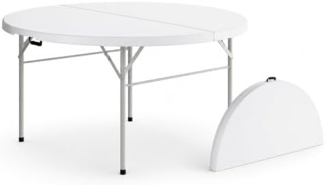 60 Inch Round Plastic Bi-Fold Folding Table, Granite White, Alloy Steel Frame for Banquets, Catering, Parties