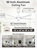 60'' Industrial Ceiling Fan with Light for Patio, Porch, White in White, alternate view 4