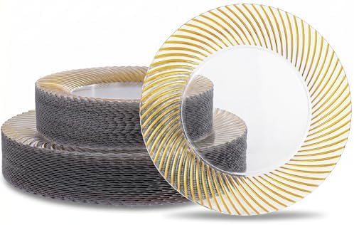 60 Pcs Clear Plastic Plates, Clear Plates Disposable Heavy Duty, Disposable Plates with Gold Trim Include 30Pcs