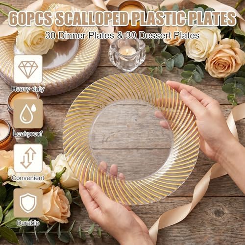 60 Pcs Clear Plastic Plates, Clear Plates Disposable Heavy Duty, Disposable Plates with Gold Trim Include 30Pcs, alternate
