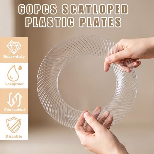 60 Pcs Clear Plastic Plates, Clear Plates Disposable Heavy Duty, Disposable Plates Include 30Pcs Dinner Plates, alternate