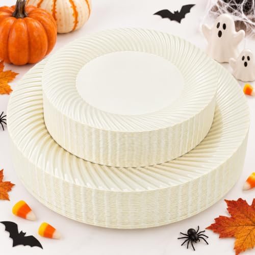 60 Pcs Ivory Disposable Plastic Plates, Plastic Plates Include 30Pcs Dinner Plates 10",30pcs Dessert Plates 7"