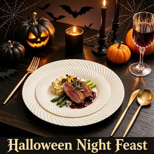 60 Pcs Ivory Disposable Plastic Plates, Plastic Plates Include 30Pcs Dinner Plates 10",30pcs Dessert Plates 7", alternate