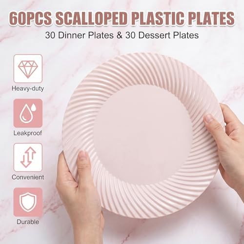 60 Pcs Pink Plastic Plates, Disposable Plates for Party, Pink Plates Include 30Pcs Dinner Plates 10",30pcs, alternate view 4