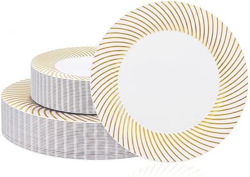60 Pcs White Plastic Plates, Disposable Plates with Gold Trim, Party Plates Include 30Pcs Dinner Plates