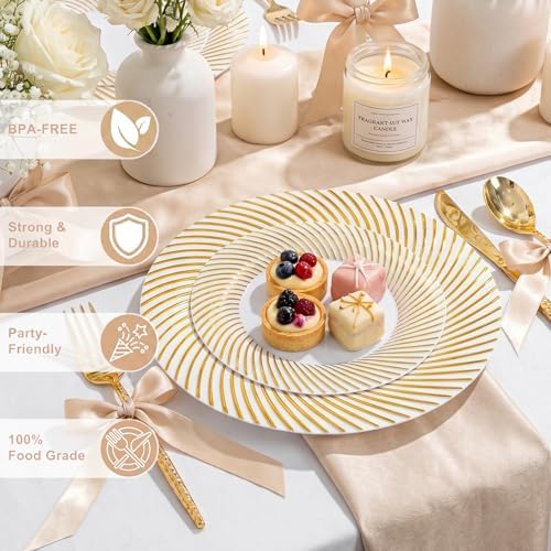 60 Pcs White Plastic Plates, Disposable Plates with Gold Trim, Party Plates Include 30Pcs Dinner Plates, alternate view 4