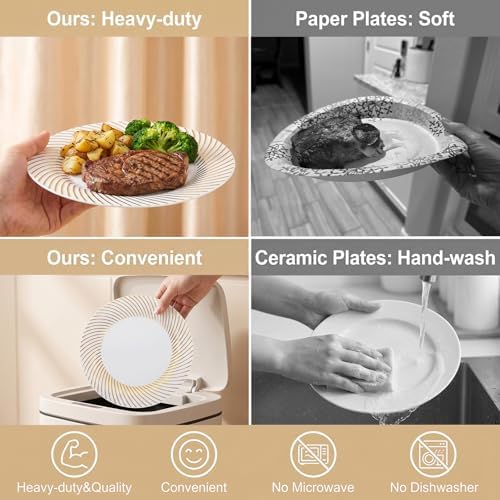 60 Pcs White Plastic Plates, Disposable Plates with Gold Trim, Party Plates Include 30Pcs Dinner Plates, alternate view 6