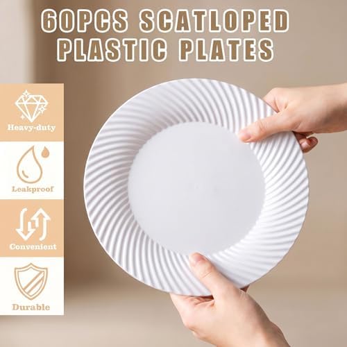 60 Pcs White Plastic Plates, Plates Disposable Heavy Duty, Disposable Plates Include 30Pcs Dinner Plates, alternate view 4