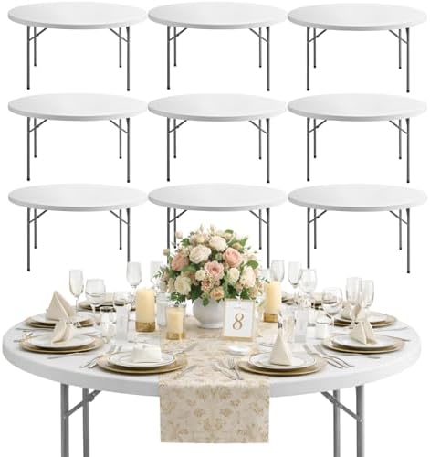 60" Round Heavy Duty 5ft Plastic Folding Table - Set of 10 Granite White Banquet Tables for Weddings & Events