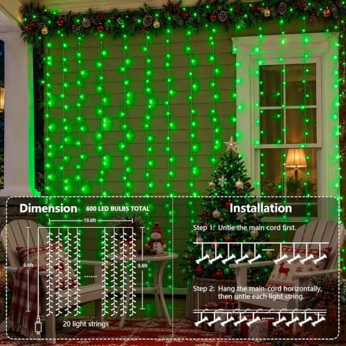 600 LED Curtain Lights(Green) in Green, alternate view 7