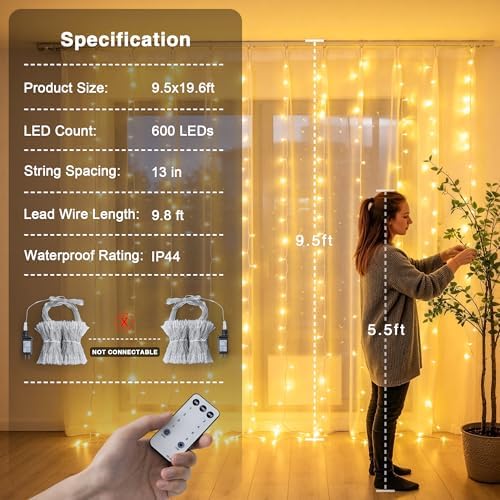 600 LED Curtain Lights, String Lights for Bedroom,9.5ft x 19.6ft, alternate view 6