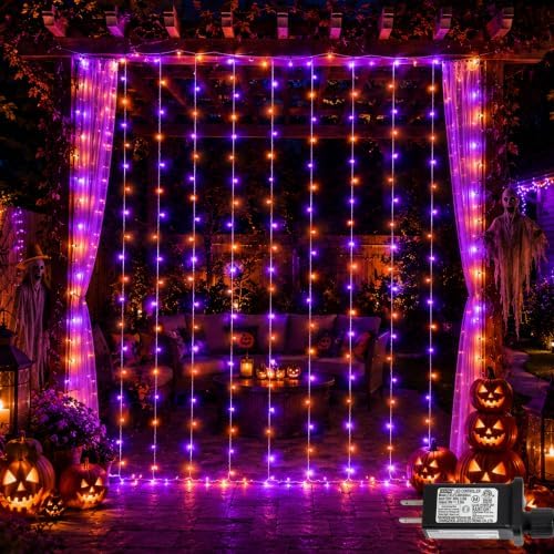 600 LED Orange Purple Curtain Lights, 19.6×9.8ft Halloween Curtain Lights with Plug in, 8 Modes Hanging String