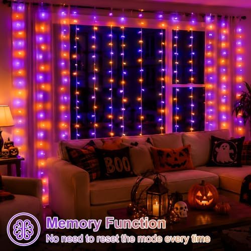 600 LED Orange Purple Curtain Lights, 19.6×9.8ft Halloween Curtain Lights with Plug in, 8 Modes Hanging String, alternate