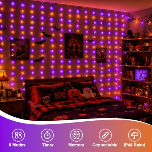 600 LED Orange Purple Curtain Lights, 19.6×9.8ft Halloween Curtain Lights with Plug in, 8 Modes Hanging String, alternate