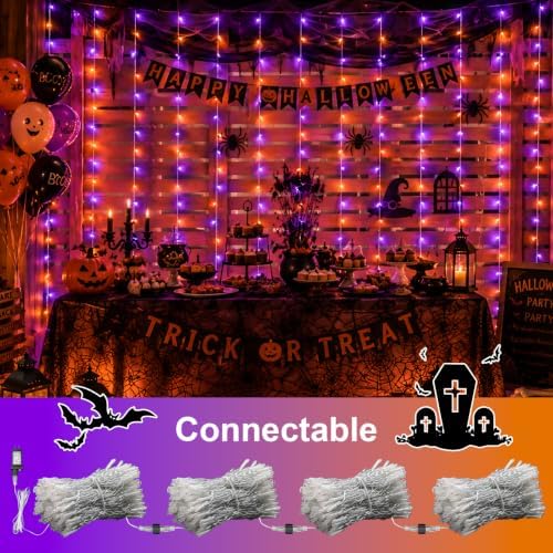 600 LED Orange Purple Curtain Lights, 19.6×9.8ft Halloween Curtain Lights with Plug in, 8 Modes Hanging String, alternate