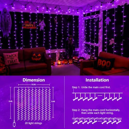 600 LED Purple Curtain Lights, 19.6×9.8ft Halloween Lights with Plug in, 8 Modes Hanging String Lights for, alternate view 3