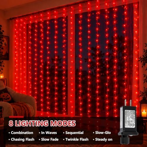 600 LED Red Halloween Lights, Curtain Lights Plug in, 8 Modes Hanging String Lights for Bedroom Wall Window, alternate view 3