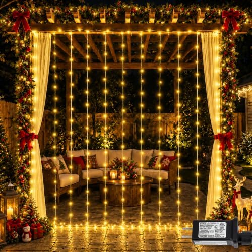 600 LED Warm White Curtain Lights, 19.6×9.8ft Christmas Curtain Lights with Plug in, 8 Modes Hanging String