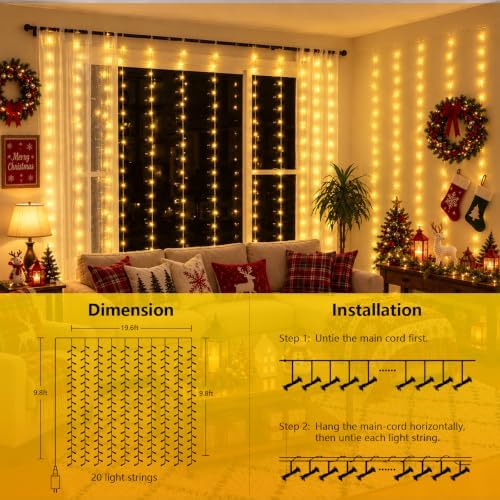 600 LED Warm White Curtain Lights, 19.6×9.8ft Christmas Curtain Lights with Plug in, 8 Modes Hanging String, alternate view 4