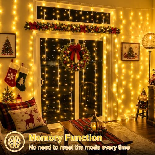 600 LED Warm White Curtain Lights, 19.6×9.8ft Christmas Curtain Lights with Plug in, 8 Modes Hanging String, alternate view 5