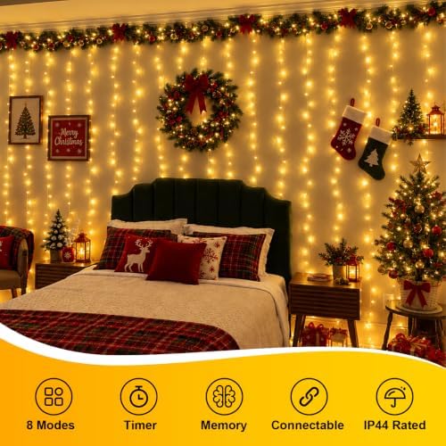 600 LED Warm White Curtain Lights, 19.6×9.8ft Christmas Curtain Lights with Plug in, 8 Modes Hanging String, alternate view 7