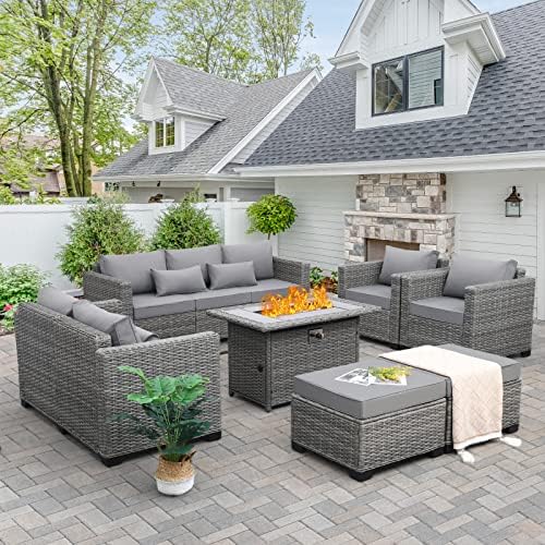 60000 BTU Wicker Gas Fire Pit Outdoor Fire Pit Table 45 Inch Fire Pits for Outside with Woodgrain Marble, alternate view 2