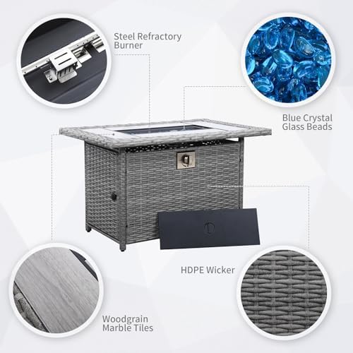 60000 BTU Wicker Gas Fire Pit Outdoor Fire Pit Table 45 Inch Fire Pits for Outside with Woodgrain Marble, alternate view 3
