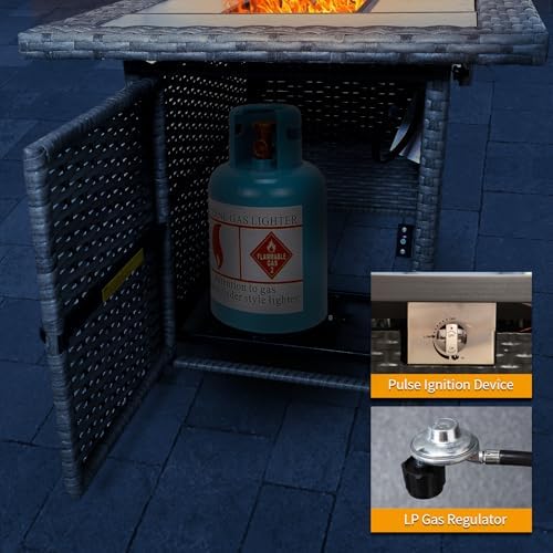 60000 BTU Wicker Gas Fire Pit Outdoor Fire Pit Table 45 Inch Fire Pits for Outside with Woodgrain Marble, alternate view 6