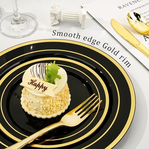 600PCS Black Gold Dinnerware Set for 100 Guests, Plastic Plates in Black, alternate view 3