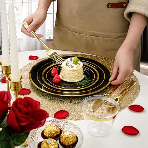 600PCS Black Gold Dinnerware Set for 100 Guests, Plastic Plates in Black, alternate view 4