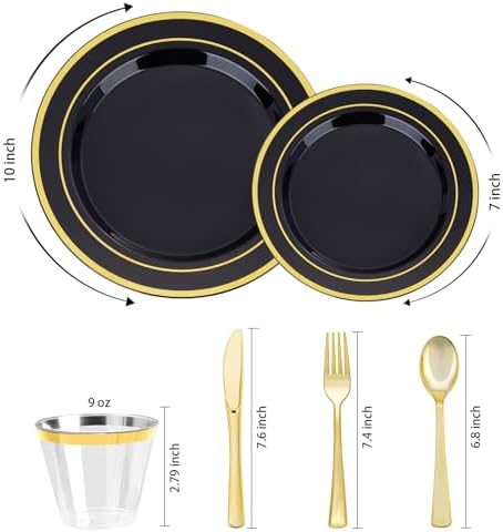 600PCS Black Gold Dinnerware Set for 100 Guests, Plastic Plates in Black, alternate view 5
