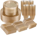 600PCS Gold Glitter Dinnerware Set for 100 Guests, Plastic Plates in 100 Guests in Gold Glitter