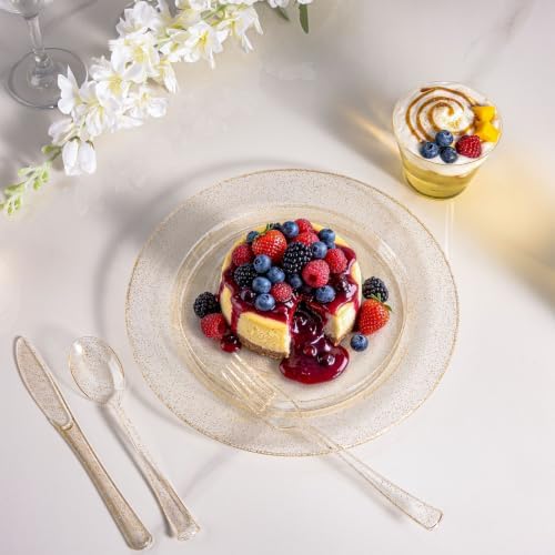 600PCS Gold Glitter Dinnerware Set for 100 Guests, Plastic Plates in 100 Guests in Gold Glitter, alternate view 2