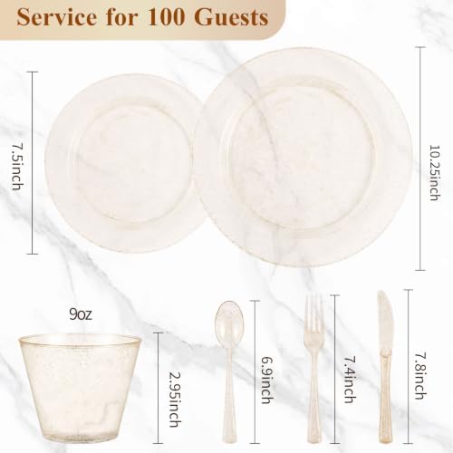 600PCS Gold Glitter Dinnerware Set for 100 Guests, Plastic Plates in 100 Guests in Gold Glitter, alternate view 3