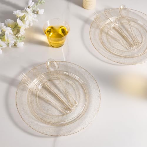 600PCS Gold Glitter Dinnerware Set for 100 Guests, Plastic Plates in 100 Guests in Gold Glitter, alternate view 4
