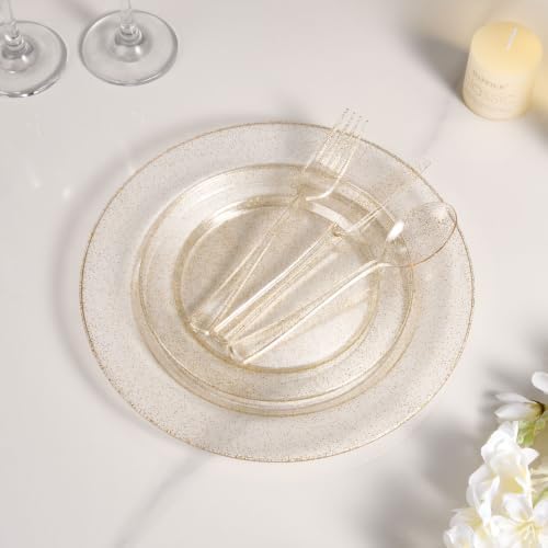 600PCS Gold Glitter Dinnerware Set for 100 Guests, Plastic Plates in 100 Guests in Gold Glitter, alternate view 5