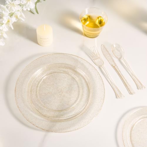 600PCS Gold Glitter Dinnerware Set for 100 Guests, Plastic Plates in 100 Guests in Gold Glitter, alternate view 6