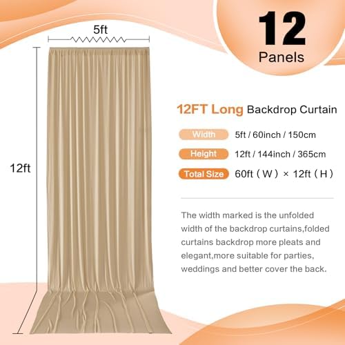 60ft×12ft Wrinkle Free Champagne Backdrop Curtain for Wedding Parties, 12 Panels 5×12ft Long Silky Polyester, alternate view