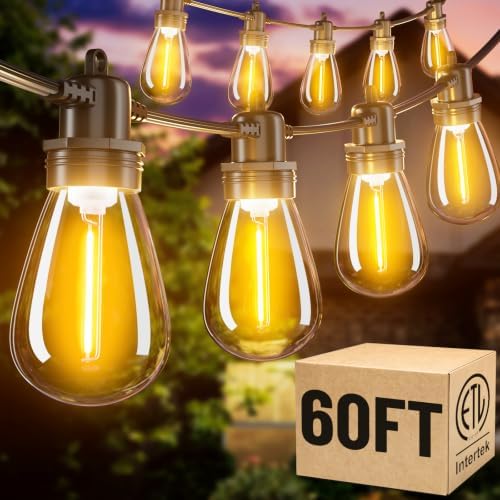 60FT LED Outdoor String Lights with 16+1 Edison Shatterproof Waterproof Bulbs, 2700K Commercial Grade Patio