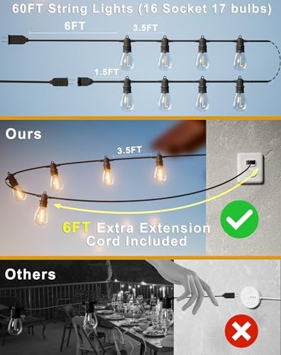 60FT LED Outdoor String Lights with 16+1 Edison Shatterproof Waterproof Bulbs, 2700K Commercial Grade Patio, alternate view 5