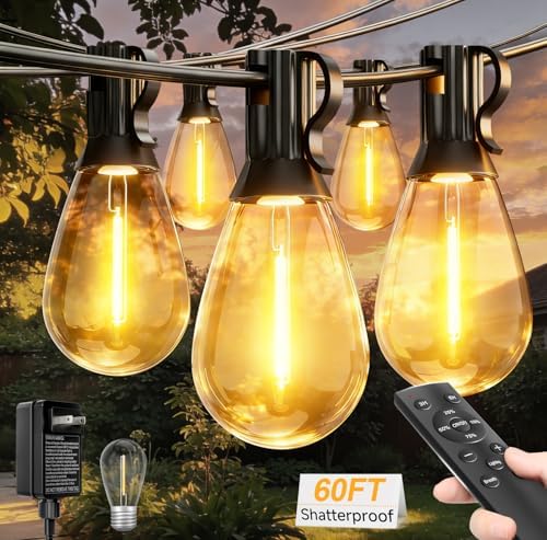 60FT Outdoor String Lights with Remote, LED Patio Lights with20+1 Waterproof S11 Bulbs, Outside Dimmable 2700K