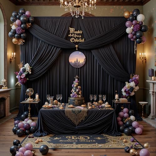 60ft x 12ft Wrinkle Free Black Backdrop Curtains for Parties, 12 Panels 12FT Long Silky Polyester Photo Backdrop, alternate