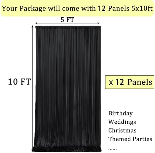 60ftx10ft Wrinkle Free Black Backdrop Curtains for Parties, Silky Polyester Photo Backdrop Drapes 12 Panels, alternate view 5