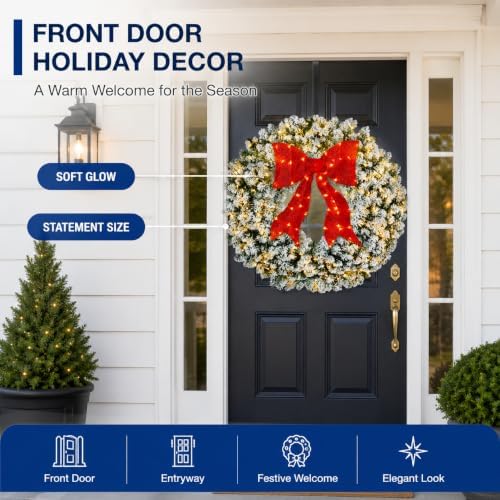 60in Large Flocked Artificial Pre-Lit Fir Christmas Wreath, alternate view 4
