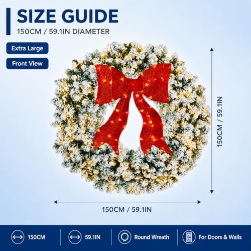 60in Large Flocked Artificial Pre-Lit Fir Christmas Wreath, alternate view 5