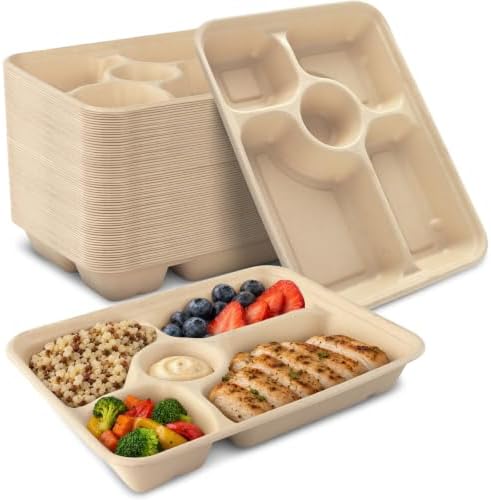 60Pack Disposable Paper Plates, 11" x 8", 5 Compartment in 11x8 in Brown